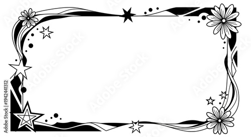 Black and White Floral Frame with Stars.