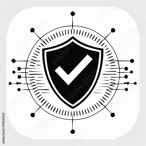 Cybersecurity protection shield with network connection and digital data flow, symbolizing secure online access and information privacy
