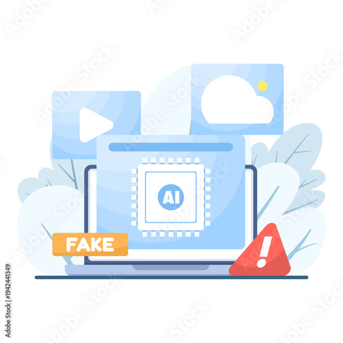 Vector illustration of AI warning concept, caution about deepfake media, fake news and fraud from artificial intelligence videos or images, technology risk awareness, flat design on white