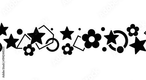 Black stars flowers and shapes pattern.