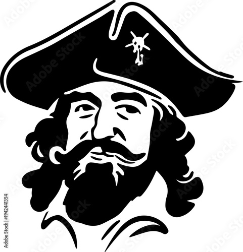 Hand Drawn Male Pirate Black and White Avatar Illustration in Minimal Line Art Style Design