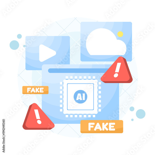Vector illustration of AI warning concept, caution about deepfake media, fake news and fraud from artificial intelligence videos or images, technology risk awareness, flat design on white