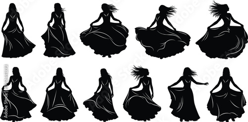 Collection of elegant dancing women silhouettes in flowing dresses for fashion beauty grace movement and feminine arts creative design concept