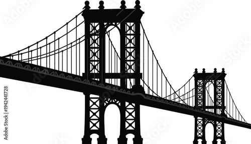 Flat vector suspension bridge silhouette, iconic architecture design, urban infrastructure illustration, engineering landmark, Brooklyn Manhattan inspired structure, cityscape construction art