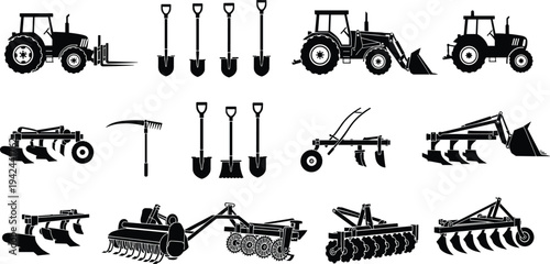 Agricultural machinery silhouette vector set featuring farm tractors plows shovels and soil cultivation equipment for industrial farming and rural field work isolated on white background.