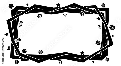 Black Floral Frame with Stars and Copy Space.