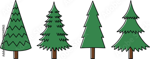 Collection of four green pine trees flat illustration isolated on white background for Christmas winter nature and forest design projects