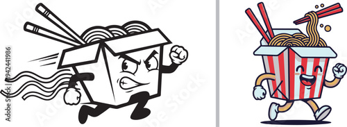 Two energetic noodle box mascots in mid-run. One is a fierce black and white line art character, the other is a happy, colorful version with red and white stripes and a joyful expression.