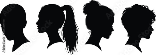 Collection of four black female head silhouettes with different hairstyles including ponytail bun and short hair isolated on white background
