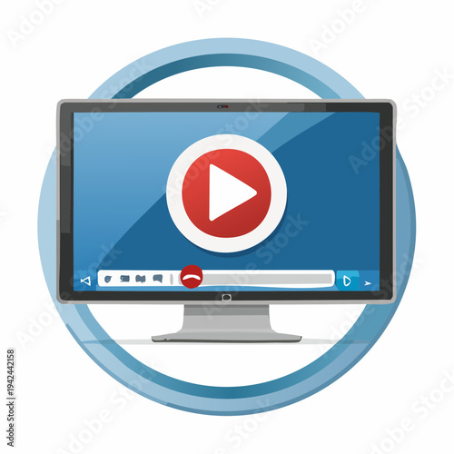 Digital monitor screen icon displaying video playback symbol for multimedia streaming and virtual communication applications