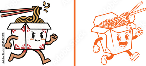 Two playful running noodle box mascots. One is a detailed vector with a pattern and red chopsticks, while the other is a simple orange outline character with a joyful expression.
