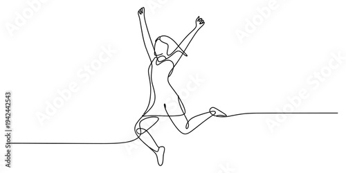 Continuous line drawing of a happy woman jumping in the air with her arms raised high. Vector, illustration