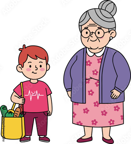 Grandmother and grandson cartoon vector illustration featuring a young boy carrying a yellow grocery bag full of vegetables standing next to an elderly woman.