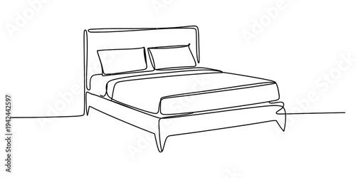 Single continuous line drawing of a comfortable double bed with pillows for bedroom decor. Vector, illustration