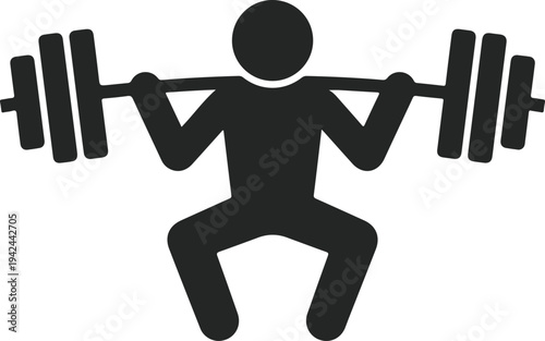 Black silhouette of a person doing squats with a barbell isolated on white background