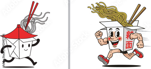 Two energetic noodle box mascots in a race. One features a simple red pagoda lid and thin limbs, while the other is a muscular, detailed character with red sneakers and flying noodle "hair."