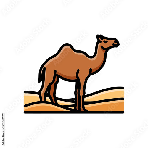 Brown desert camel standing on sand dunes cartoon icon