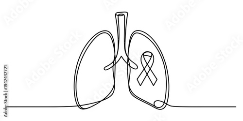 Continuous line drawing of human lungs with an awareness ribbon for lung cancer day Vector, illustration