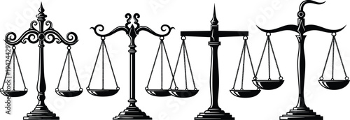 Collection of four vintage justice scales icons in black and white silhouette style for legal law symbol and balance of equality.