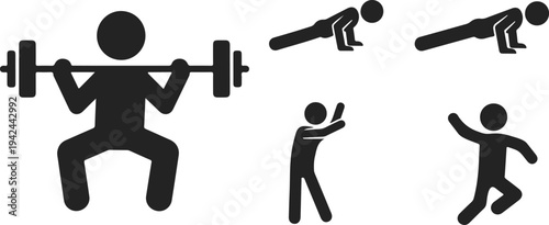 Black stick figures exercising with weights isolated on white background