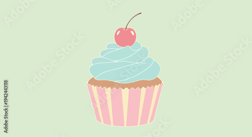 Cartoon cupcake with blue frosting and red cherry on green background