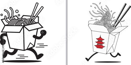 Two running takeout noodle box characters in a vector style. One features bold black lines and a classic mascot feel, while the other includes a red pagoda logo and detailed noodle strands.
