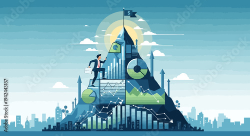 Businessman Climbing Mountain of Success with Financial Graphs and Charts.