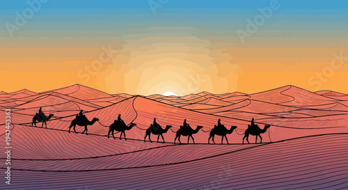 Camel caravan journeying across the desert at sunset, a traditional mode of transport.