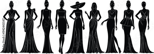 Collection of Nine Elegant Female Fashion Silhouettes Wearing Formal Evening Gowns and Cocktail Dresses for Luxury Style Red Carpet Event and Glamour Concept