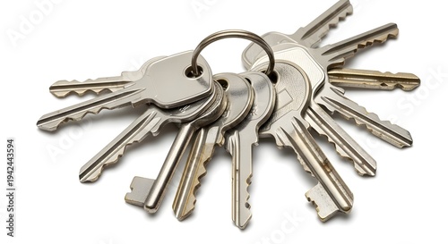A collection of various keys bound together with a keyring on a white background.