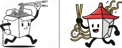 Two energetic noodle box mascots running with chopsticks. One is a classic black-and-white line drawing, while the other features a red pagoda-style lid and playful yellow noodle "hair."