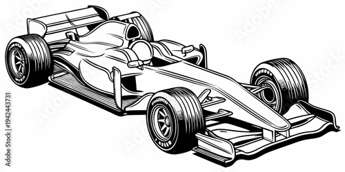 Realistic Formula Racing Car Line Art Illustration Isolated on White Background