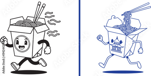 Monochrome vector line art featuring two running Chinese takeout box characters with noodles and chopsticks, showcasing a playful "fast food" delivery concept in a vintage cartoon style.