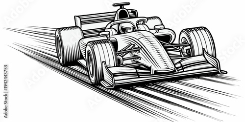 Realistic Formula Racing Car with Driver Line Art Illustration Isolated on White