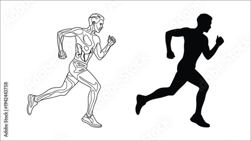Running man sprinting illustration, athletic race competition concept, speed and motion symbol, fast human movement, minimal black vector silhouette for sports and fitness design.
