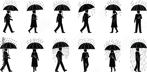 Collection of People Silhouettes Walking with Umbrellas in the Rain for Rainy Season Weather Concept Outdoor Activity Stormy Day and Urban Life Background