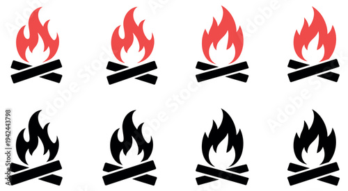 Campfire Symbol Bonfire Vector Icon Set Featuring Fire Flame Camping Outdoor Adventure Heat Burning Nature Travel Vector Illustration