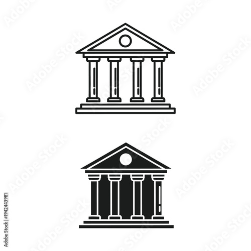 Line icons of bank building with columns and triangular roof icon