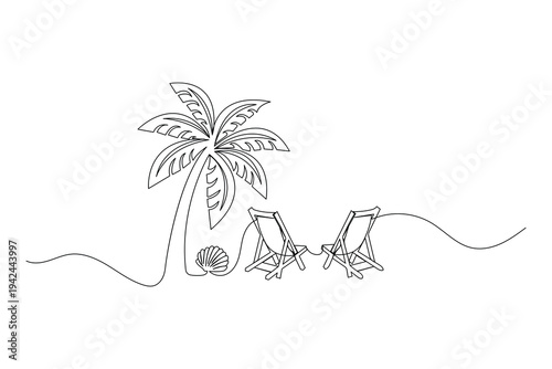 Continuous one line drawing of a tropical palm tree with two beach loungers and a seashell