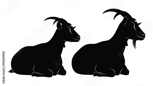 Two goats are depicted in a striking black silhouette showcasing their distinct profiles