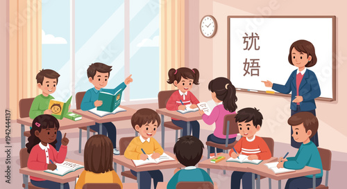 Vector illustration of diverse students in classroom with teacher