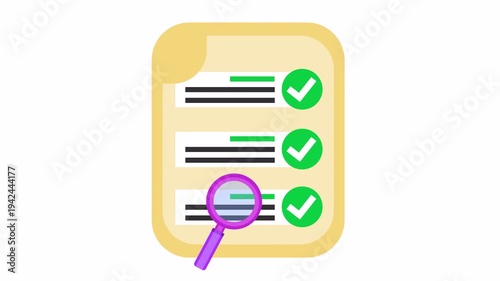 Approved check mark on verified document icon with green checkmarks and purple magnifying glass in an alpha channel. Flat design checklist illustration for data auditing and quality control.