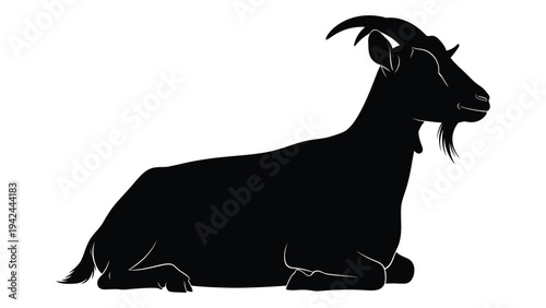 A black silhouette of a goat lying down showcasing its distinctive horns and beard