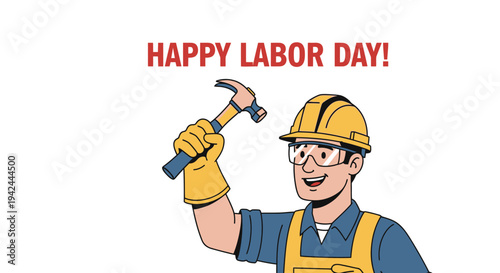 Cartoon Construction Worker with Hammer.