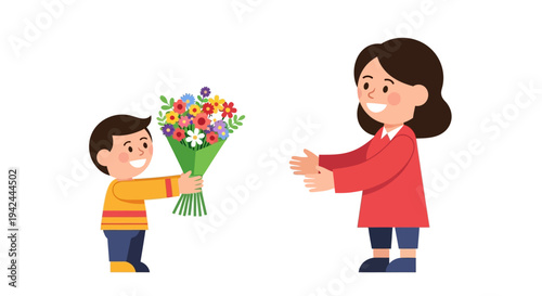 Young Boy Giving Flowers to Girl.