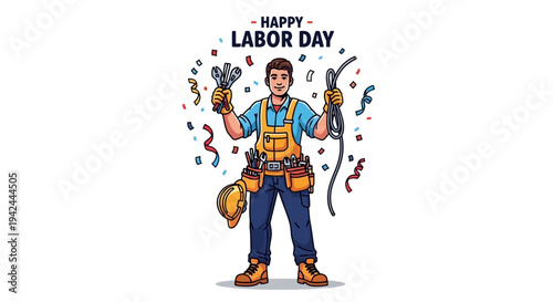 Cartoon Construction Worker Celebrating Labor Day.