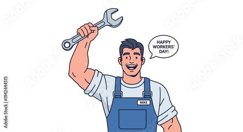 Cartoon Handyman Holding Adjustable Wrench.