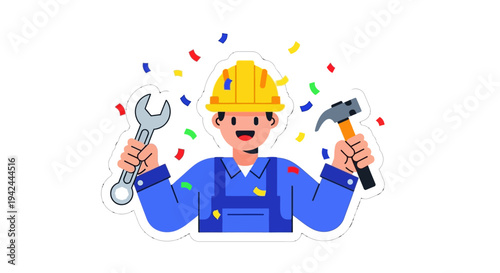 Cartoon Handyman with Tools and Hard Hat.