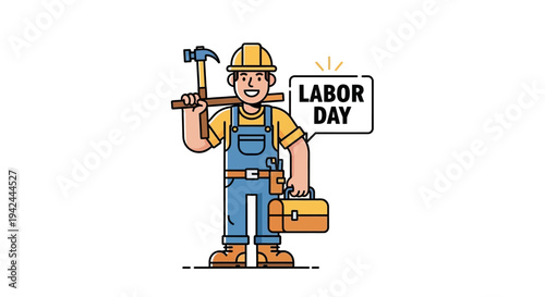 Cartoon Labor Day Worker Holding Hammer.
