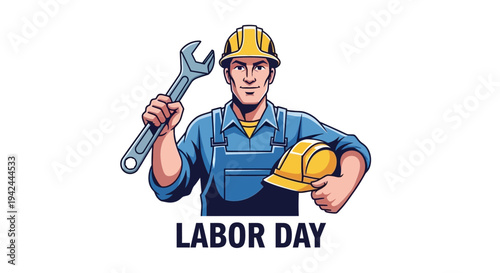 Cartoon Laborer Holding Wrench and Hardhat.